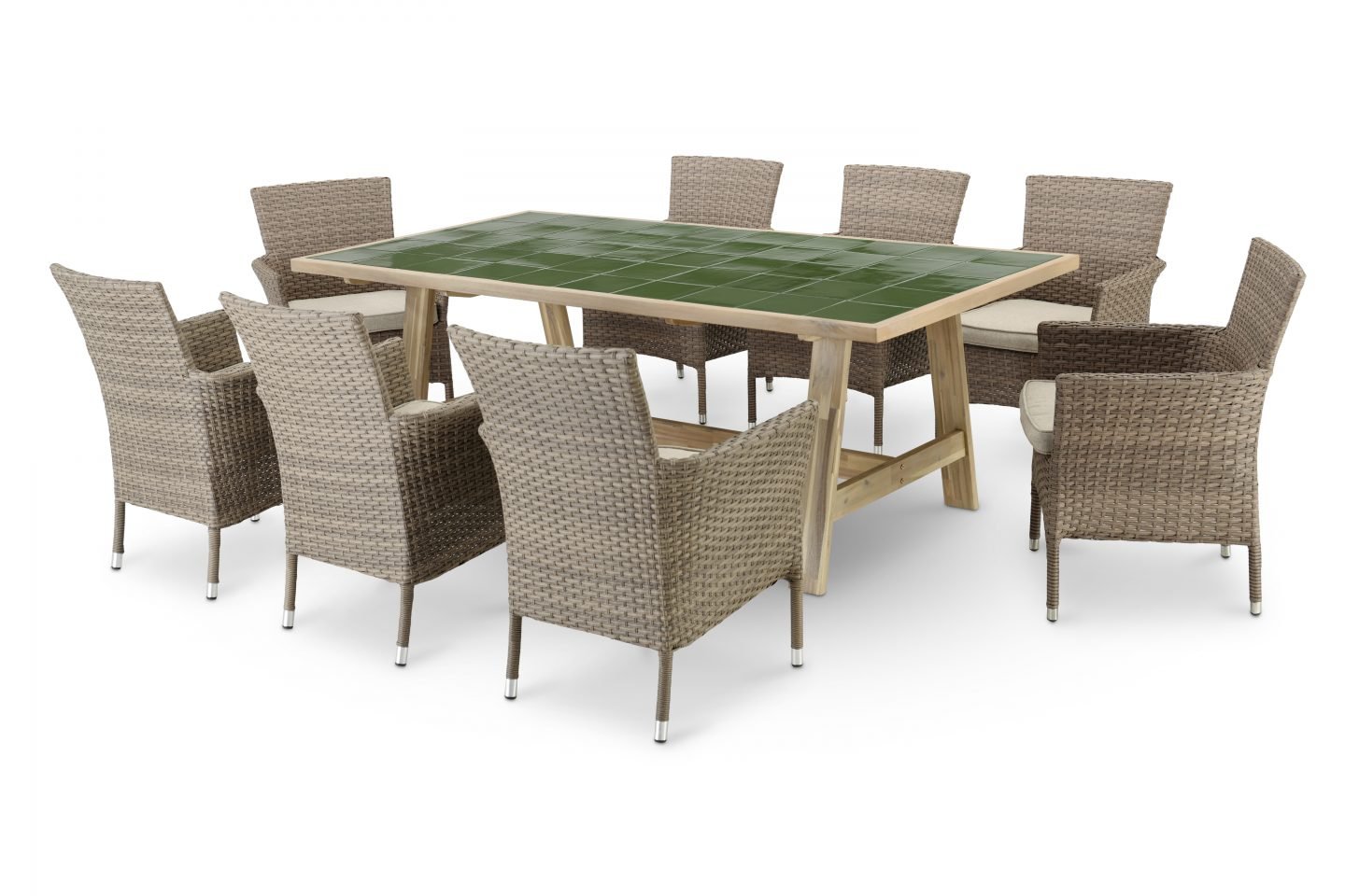 Set da pranzo da giardino tavolo verde in legno e ceramica 200x100 + 8 sedie impilabili in rattan sintetico con cuscino Bologna - Java Light & Bologna